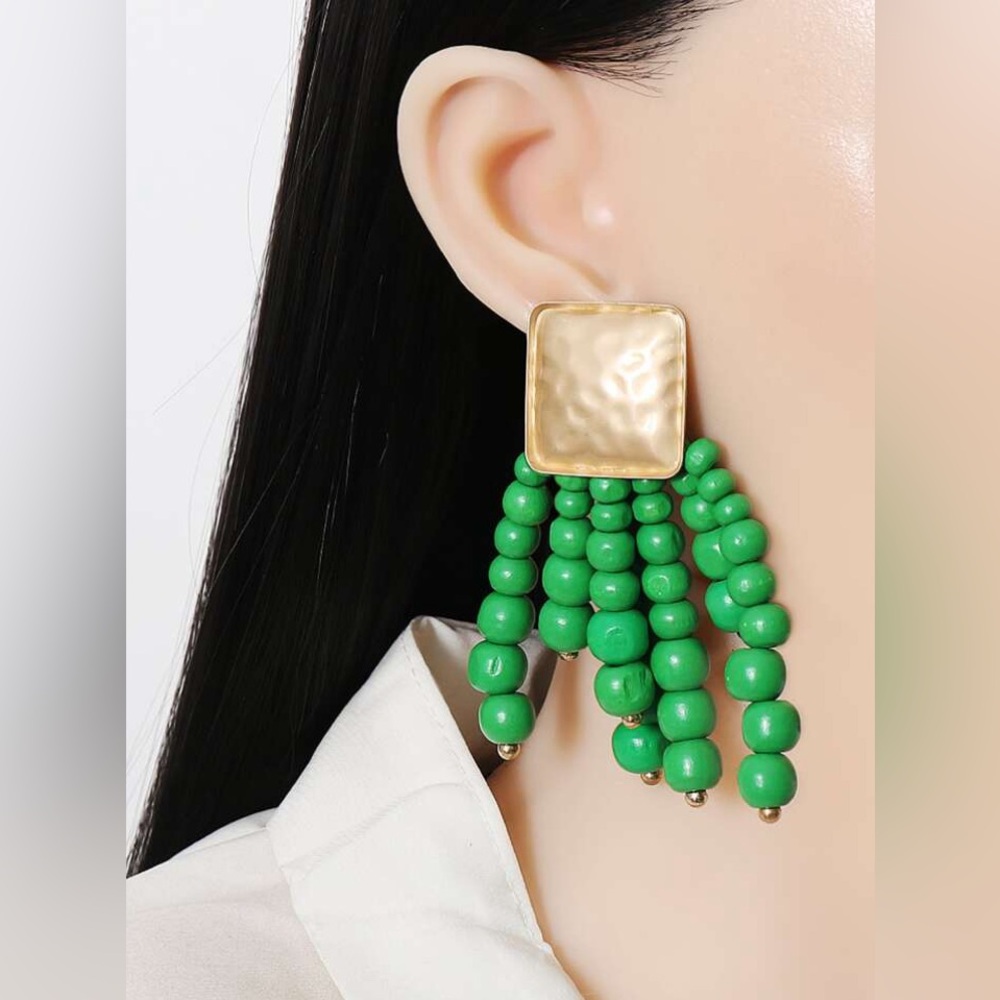 Zara Green Beaded Tassel Drop Earrings with Gold Square Stud